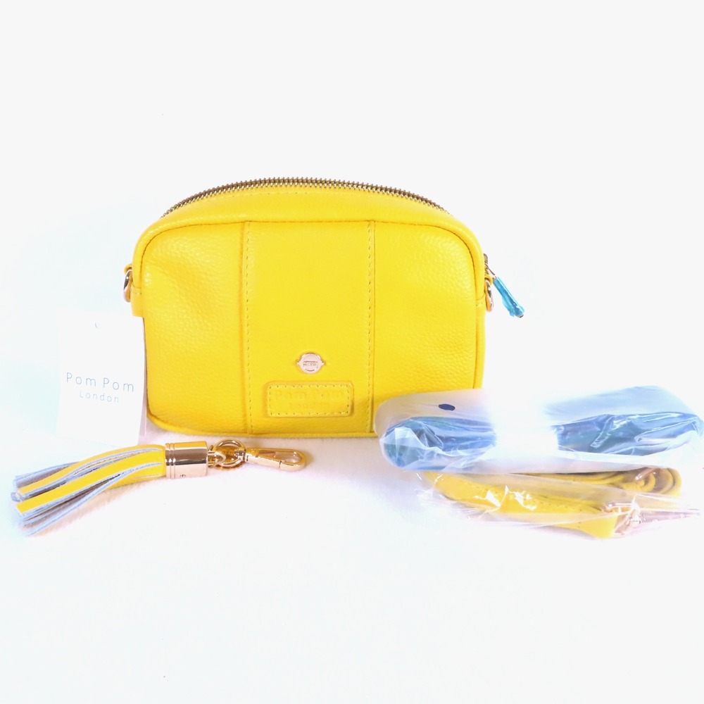 Pom Pom London Womens Leather Transport Crossbody Bag Purse Yellow Maximalist